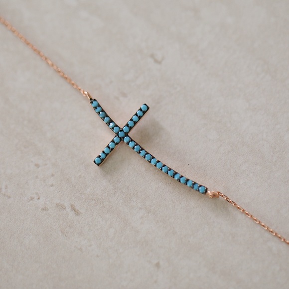 Turquoise Cross Necklace | 14k Rose Gold Plated - Picture 2 of 7